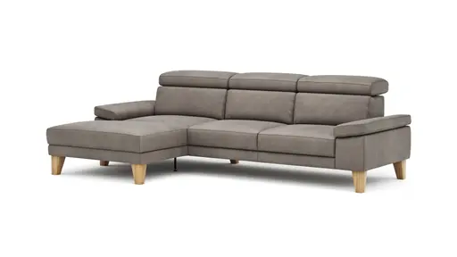 Ecksofa Hudson - Longchair links mit 2,5-Sitzer, inkl. Kopfteil verstellbar, Stoff, Steingrau
