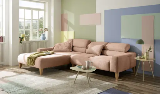 Ecksofa CHENOA - Longchair links mit 2-Sitzer, Kopfteil verstellbar, Stoff, Pfirsich