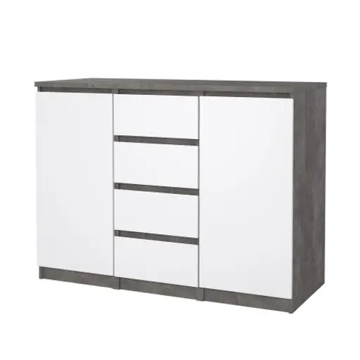 Kommode - B ca. 121 cm, Betonoptik, Weiß Hochglanz