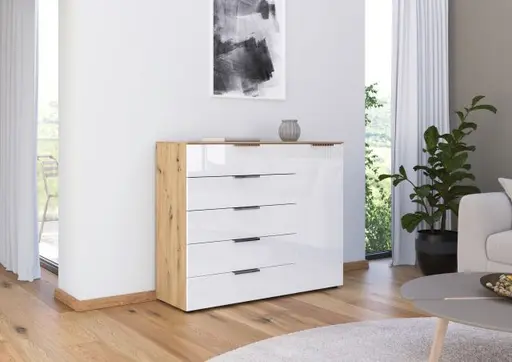 Kommode RIPP- Eiche Dekor, Glas, Weiß