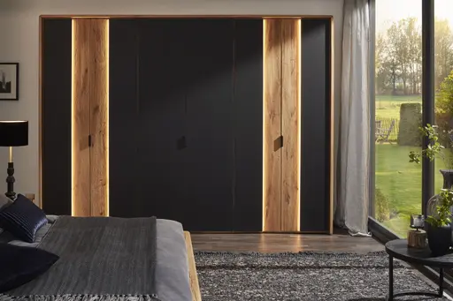 Drehtürenschrank Ottawa - inkl. Beleuchtung und Passepartout, B ca. 297 cm, Wildeiche massiv / Glas Anthrazit