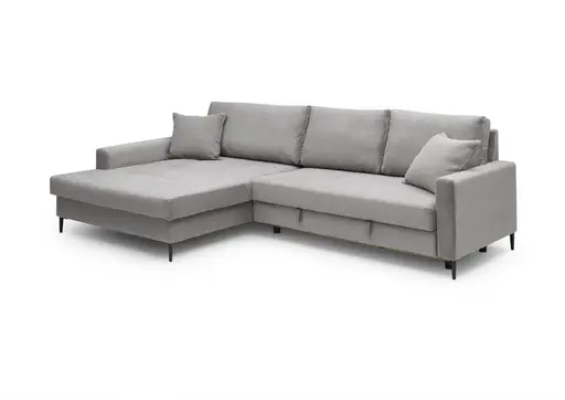 Ecksofa - Longchair links mit 3-Sitzer, Schlaffunktion mit Bettkasten, Stoff, Eisengrau