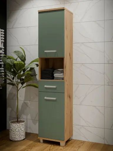 Hochschrank- B ca. 40 cm, Eiche Dekor, Graugrün