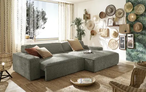 Ecksofa - 2-Sitzer mit Longchair rechts, Sitzvorzug motorisch, Stoff, Graubraun