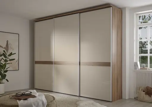 Schwebetürenschrank - B. ca. 280 cm, Elfenbeinglas, Eiche Dekor