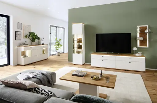 Highboard mit Beleuchtung - Weiß, Absetzung Eiche