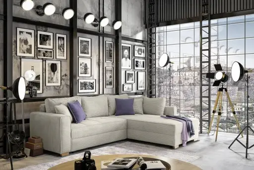 Ecksofa JAMELL - 2,5-Sitzer, Ecke rechts inkl. Schlaffunktion mit Bettkasten, Stoff, Graubeige