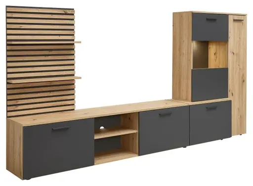 Wohnwand- Eiche  Dekor, Anthrazit