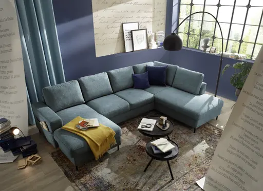 Wohnlandschaft - Longchair links mit 2-Sitzer und Ecke rechts, Stoff, Azur