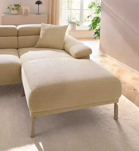 Ecksofa Bolonia - 2-Sitzer mit Longchair rechts inkl. Rückenlehne- und Kopfteilverstellung, Stoff, Cappuccino