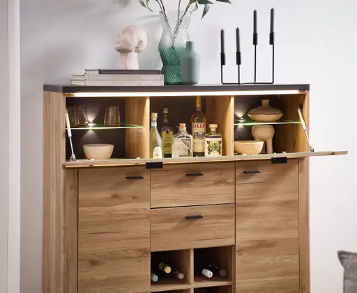 Highboard - mit Beleuchtung, B ca. 128 cm, Eiche Nachbildung, Eiche dunkel Nachbildung