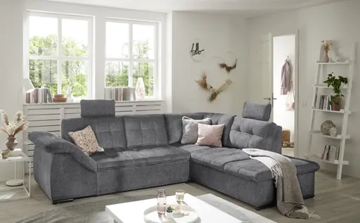 Ecksofa - 2-Sitzer, Ecke rechts inkl. Schlaffunktion und Bettkasten, Armteilverstellung, Stoff, Anthrazit