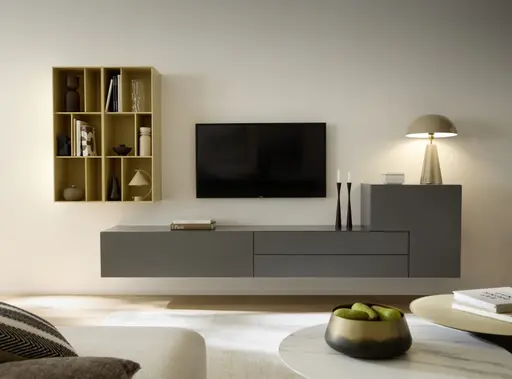 Wohnwand 3900 - Lack, Steingrau, Mandel