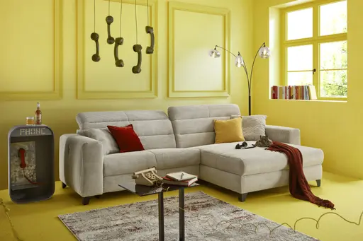 Ecksofa JAROM - 3-Sitzer, Ecke rechts inkl. Relaxfunktion (motorisch) und Kopfteil verstellbar, Stoff, Creme