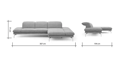 Ecksofa Elena - 2-Sitzer mit Longchair rechts, Kopfteil/Armlehne verstellbar, Stoff, Silbergrau