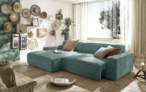 Ecksofa - Longchair links mit 2-Sitzer, Sitzvorzug motorisch, Stoff, Petrol