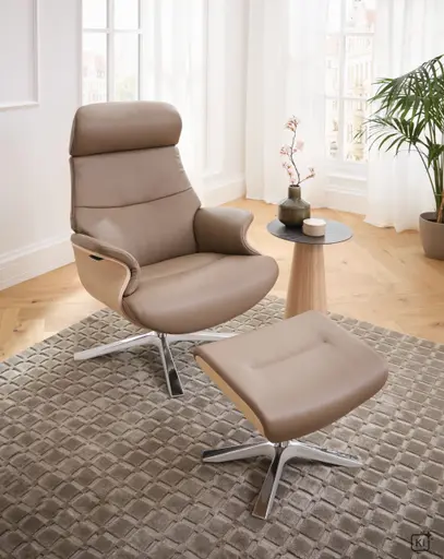 Hocker Avina - Leder, Graubeige, Holzschale Eiche unbehandelt