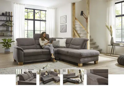 Ecksofa - 2,5-Sitzer mit Ecke rechts, Kopfteil verstellbar (manuell), Flachgewebe, Mandel