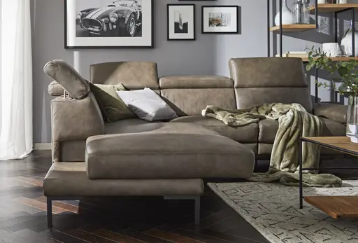Ecksofa Hudson - Ecke links mit 2,5-Sitzer inkl. Kopfteil/Armlehne verstellbar und Sitzvorzug/Relaxfunktion (motorisch), Leder, Braungrün
