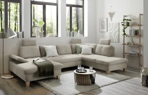 Wohnlandschaft - Ecke links, 2-Sitzer, Longchair rechts inkl. Schlaffunktion mit Bettkasten, Stoff, Hellgrau