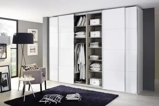 Schwebetürenschrank - B ca. 316 cm, Farbglas Kristallweiß