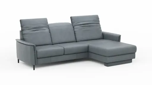 Ecksofa Bolivien - 2,5-Sitzer mit Longchair rechts, Kopfteil verstellbar, Leder Steel