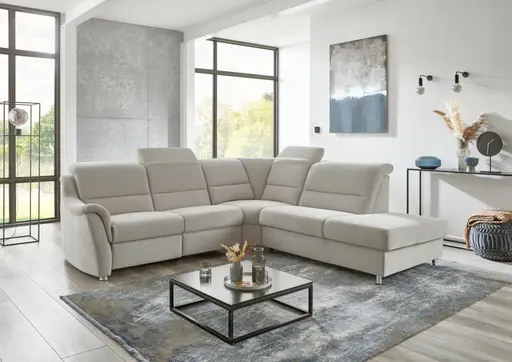 Ecksofa - 2,5-Sitzer mit Ecke rechts, Kopfteil verstellbar, Stoff, Silbergrau
