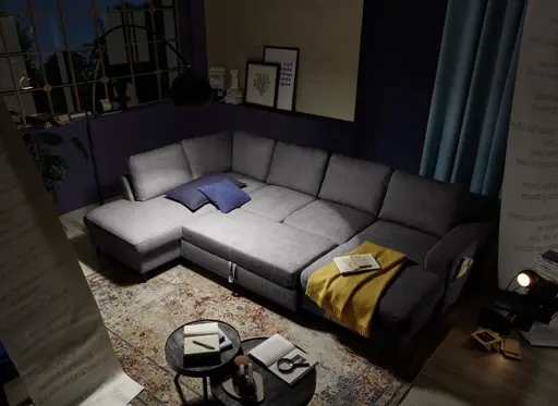 Wohnlandschaft - Ecke links mit 2-Sitzer und Longchair rechts, Stoff, Anthrazit