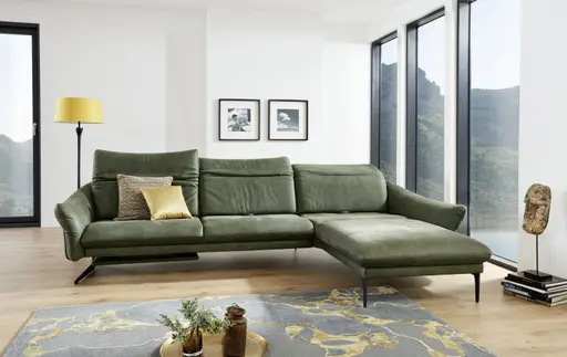 Ecksofa - 3-Sitzer mit Longchair rechts, Kopfteil/Sitztiefe verstellbar, Leder, Grün