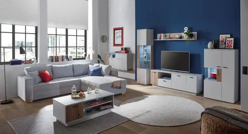 Ecksofa JAMELL - 2,5-Sitzer, Ecke rechts inkl. Schlaffunktion mit Bettkasten, Stoff, Hellgrau
