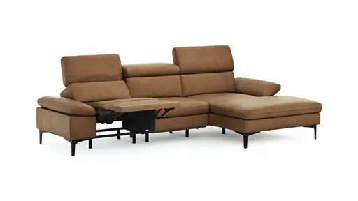 Ecksofa Felipa - 2,5-Sitzer mit Longchair rechts inkl. Armlehne verstellbar und Rückenlehne/Sitztiefe verstellbar (motorisch), Leder, Cognac