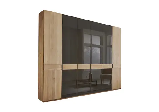Drehtürenschrank -  B. ca. 300 cm, Erle Teilmassiv, Querriegel Massiv, Glastüren Mocca