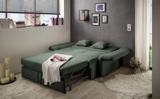 Sofa JORDEN - 1,5-Sitzer inkl. Schlaffunktion mit Bettkasten, verstellbare Armlehnen, Stoff, Dunkelgrün