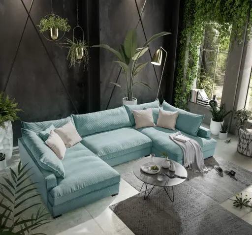 Wohnlandschaft - Longchair links, 2-Sitzer, Ecke rechts, Stoff, Petrol