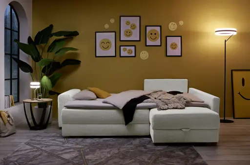 Ecksofa Jyte - 2-Sitzer mit Ecke rechts, Schlaffunktion mit Bettkasten, Stoff, Beige