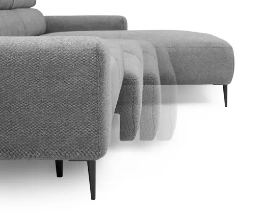 Ecksofa - 2-Sitzer mit Longchair rechts, Sitzvorzug motorisch, Kopfteil verstellbar, Stoff, Grau