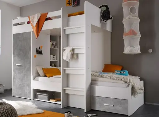 Hochbett- Liegefläche ca.90x200 cm, Weiß, Betonoptik Grau