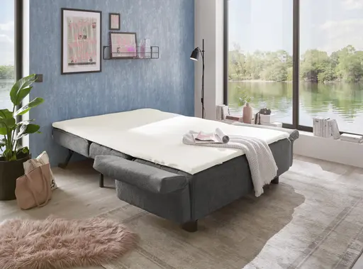  Faltsofa Easy - 2-Sitzer, ca. 140 cm inkl. Schlaffunktion/Topper/Armteil verstellbar, Stoff, Dunkelgrau