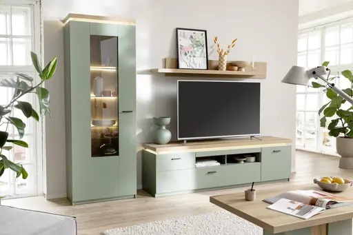 TV-Lowboard - mit Beleuchtung, B ca. 195 cm, Salbeigrün, Eiche Evoke Nachbildung
