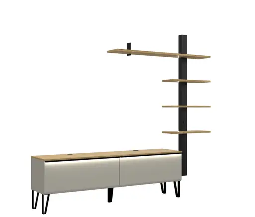 Wohnwand - mit Beleuchtung, B ca. 228 cm, Kaschmir, Gustavson Oak Nachbildung, Schwarz