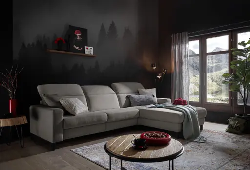 Ecksofa - CALM FLEX 2.0, 3-Sitzer mit Longchari rechts, Kopfteil verstellbar, Stoff, Grau