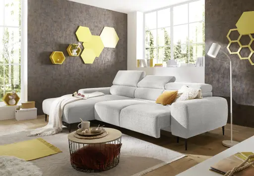 Ecksofa - Longchair links mit 2-Sitzer, Sitzvorzug motorisch, Kopfteil verstellbar, Stoff, Creme