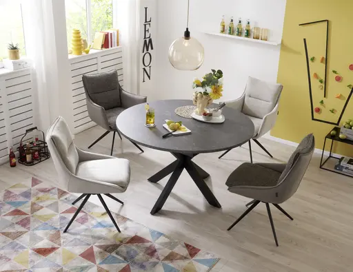 Esstisch - ausziehbar, Ø/H ca. 130x75 cm, Keramikoptik grau, Schwarz