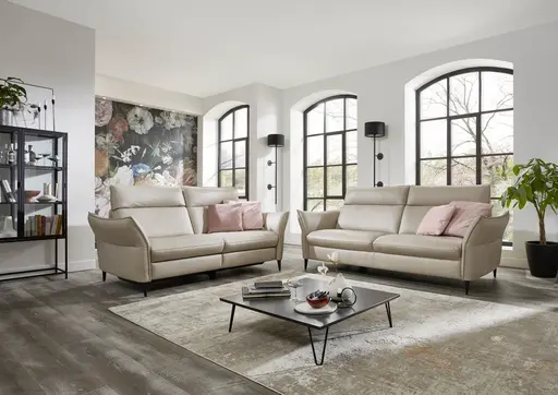 Sofa - 2,5-Sitzer, Kopfteil verstellbar, Leder, Creme