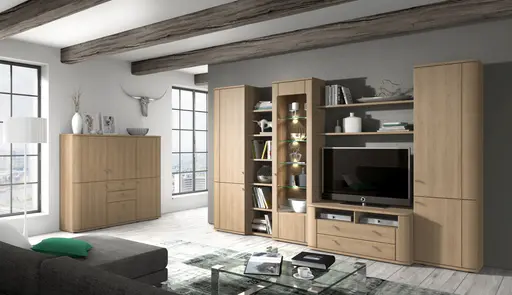 Wohnwand - mit Beleuchtung, Eiche