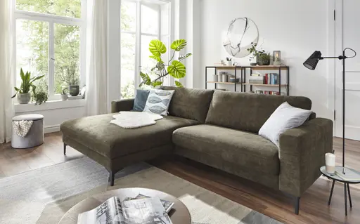 Ecksofa Oviedo - Longchair links mit 1,5-Sitzer, Stoff, Braungrün