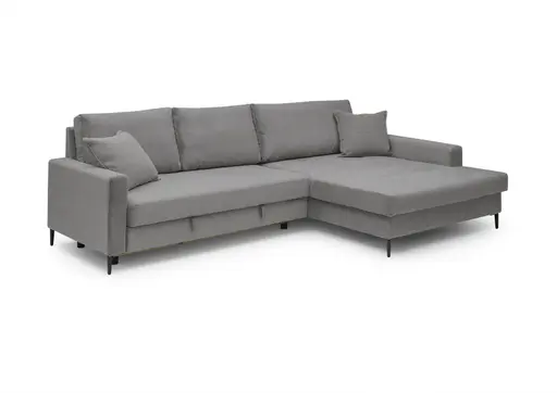 Ecksofa - 3-Sitzer mit Longchair rechts, Schlaffunktion mit Bettkasten, Stoff, Grau