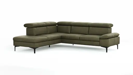 Ecksofa Felipa - Ecke links mit 2,5-Sitzer inkl. Kopfteil verstellbar, Leder, Olive