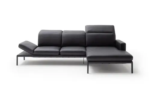 Ecksofa Noto - 2,5-Sitzer mit Longchair rechts inkl. Rückenlehne verstellbar, Leder, Schwarz