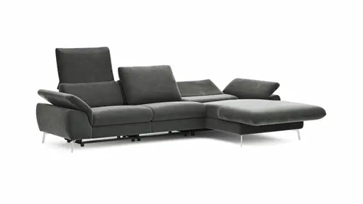 Ecksofa Gotera - 1,5-Sitzer med + 1,5-Sitzer med mit Longchair groß rechts inkl. Schlaffunktion (teilmotorisch), Armlehne klappbar, Rückenlehne verstellbar  und einmal Relaxfunktion (teilmotorisch), Stoff, Anthrazit